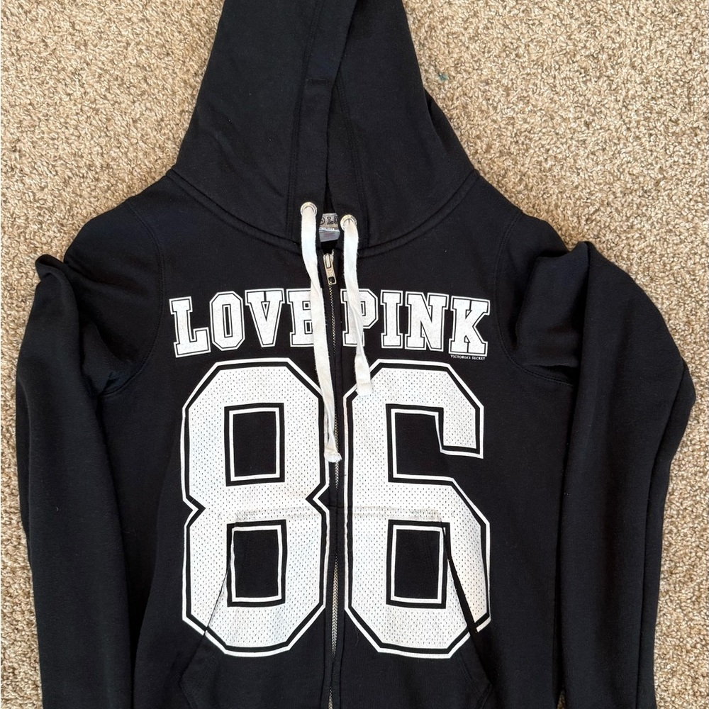Victoria's Secret Black Zip-up Jacket with Hood and Varsity Style